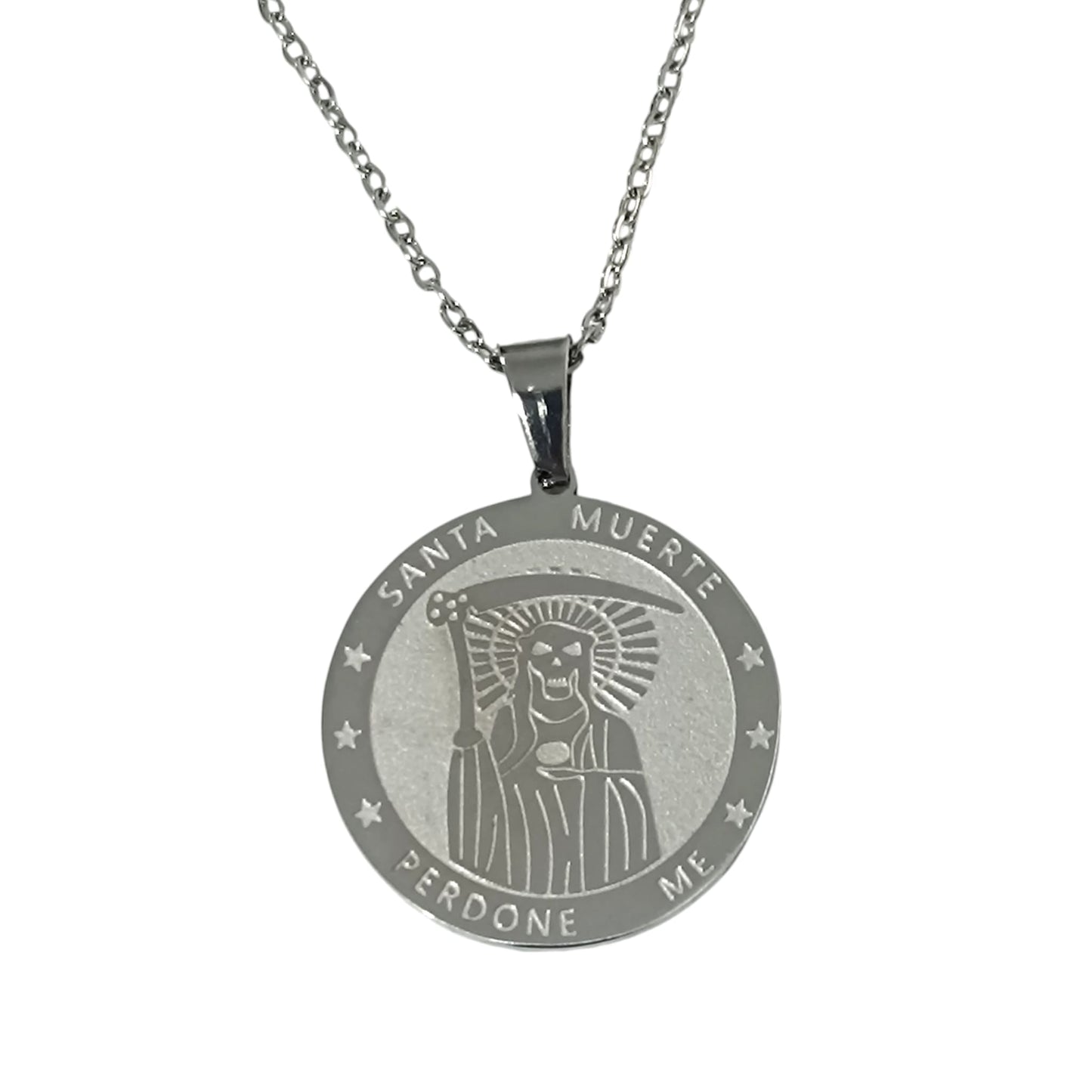 Collar Acero Inoxidable Santa Muerte 25mm Cadena  ELIGE MODELO Y TAMAÑO CADENA TODOMINERAL