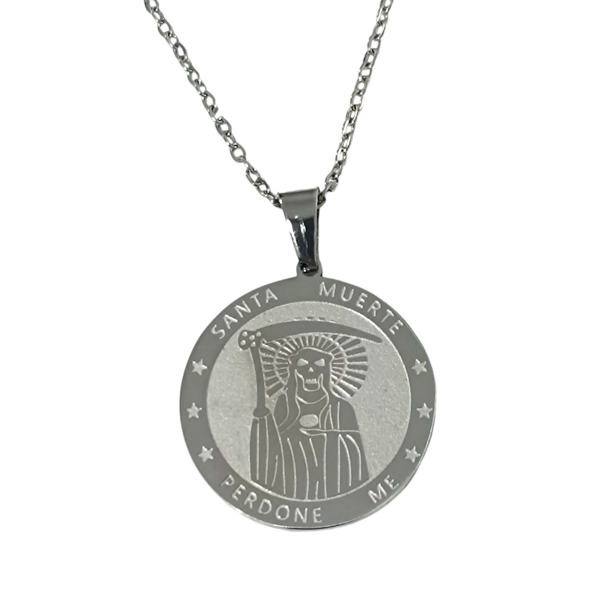 Collar Acero Inoxidable Santa Muerte 25mm Cadena  ELIGE MODELO Y TAMAÑO CADENA TODOMINERAL