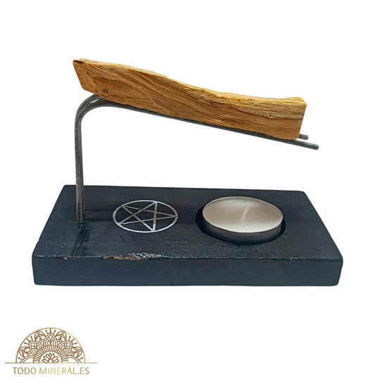 Quemador En Madera Para Palo Santo 14x7 cms Aprox Simbolo Pentagrama PORTA INCIENSOS
