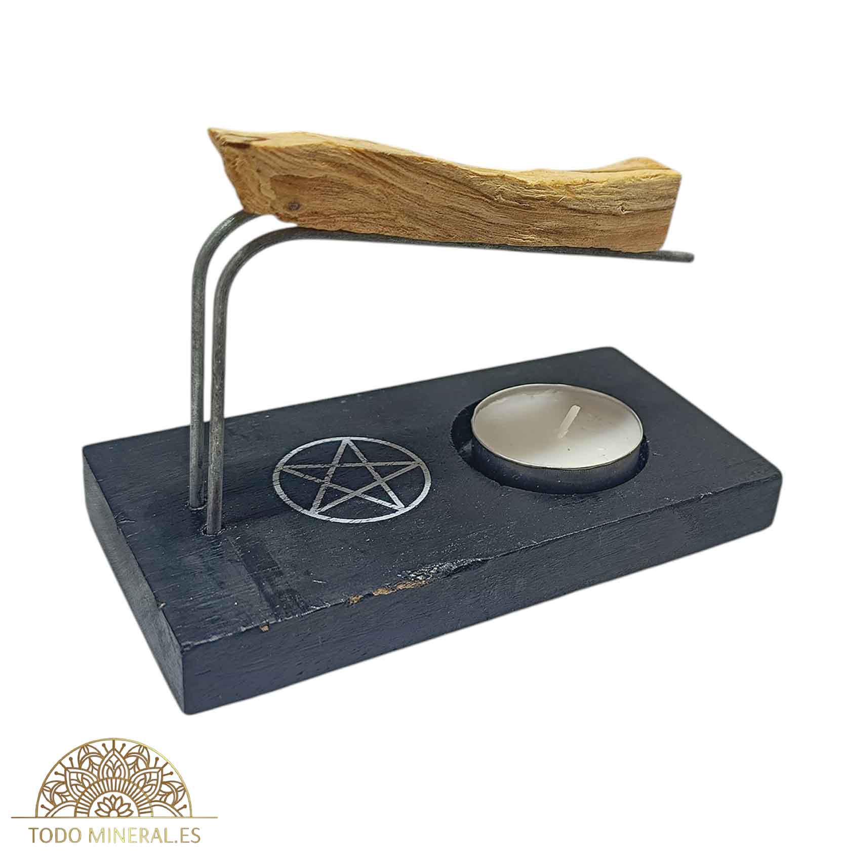 Quemador En Madera Para Palo Santo 14x7 cms Aprox Simbolo Pentagrama PORTA INCIENSOS