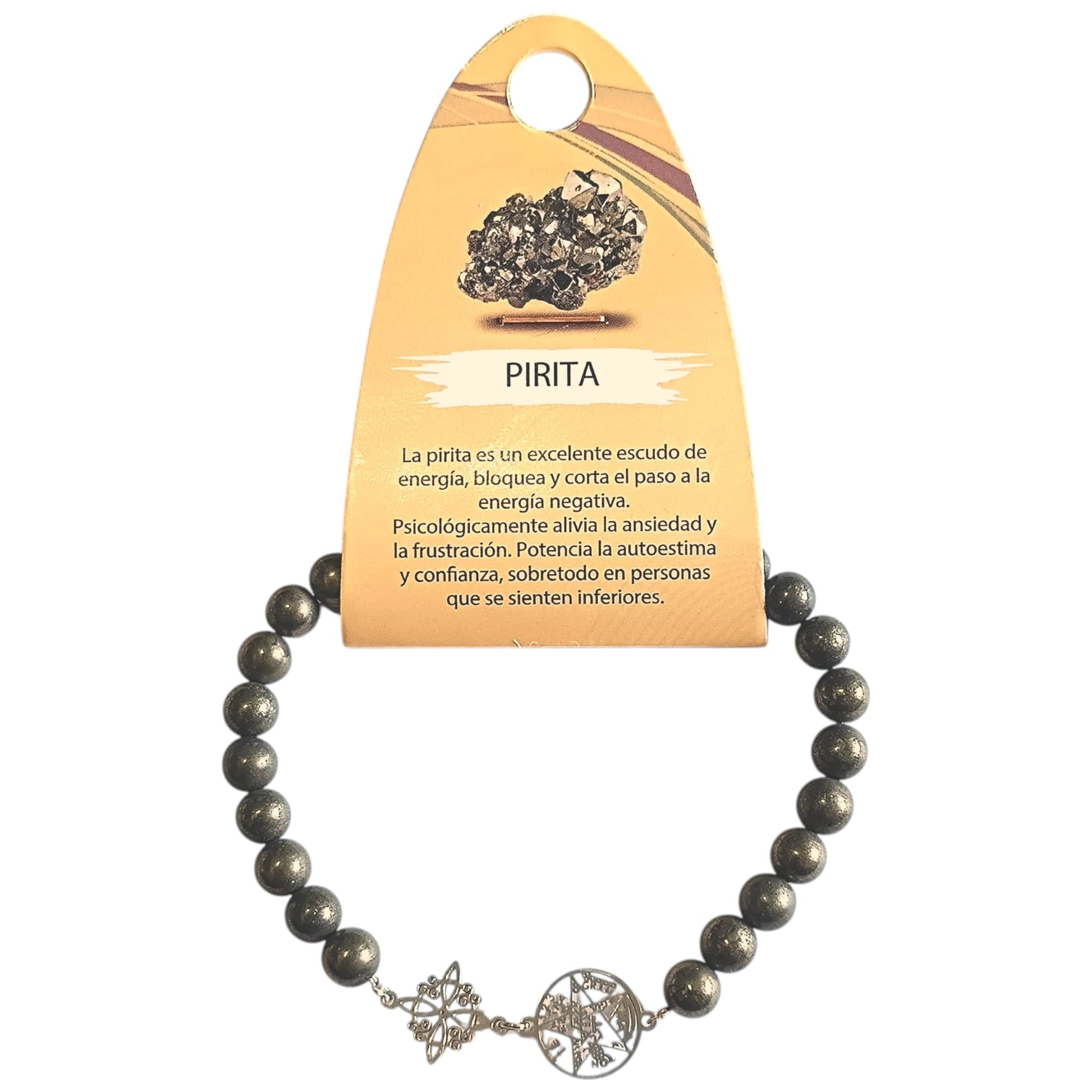 Pulsera Piedra Natural Pirita 6 mm Doble Proteccion Acero PULSERAS MINERALES