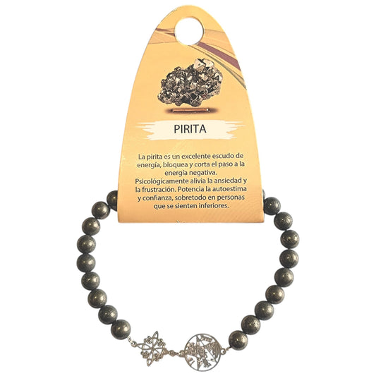 Pulsera Piedra Natural Pirita 6 mm Doble Proteccion Acero PULSERAS MINERALES