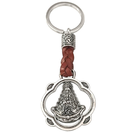 Llavero Metálico Virgen del Rocío con Cuero Trenzado – Protección y Devoción. TODOMINERAL
