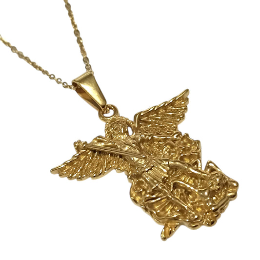 Collar Acero Dorado Arcangel San Miguel 40 mm (ELIGE TAMAÑO DE CADENA)