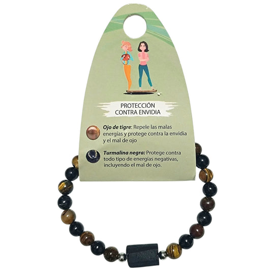 Pulsera Turmalina Y Ojo De Tigre 6 mm Fabricada en Hilo De Acero Entrepieza Turmalina Bruto PULSERA ACERO