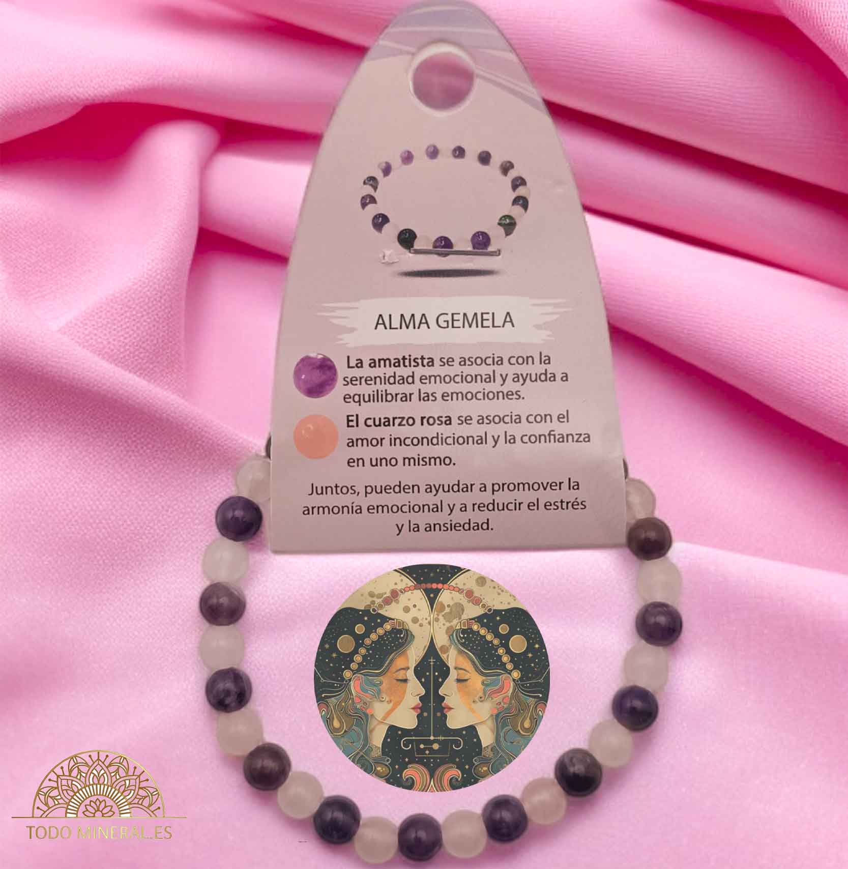 Pulsera Combinada Piedra Amatista y Cuarzo Rosa Alma Gemela Piedra De 6 mm - TODOMINERAL
