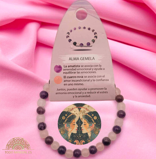 Pulsera Combinada Piedra Amatista y Cuarzo Rosa Alma Gemela Piedra De 6 mm - TODOMINERAL