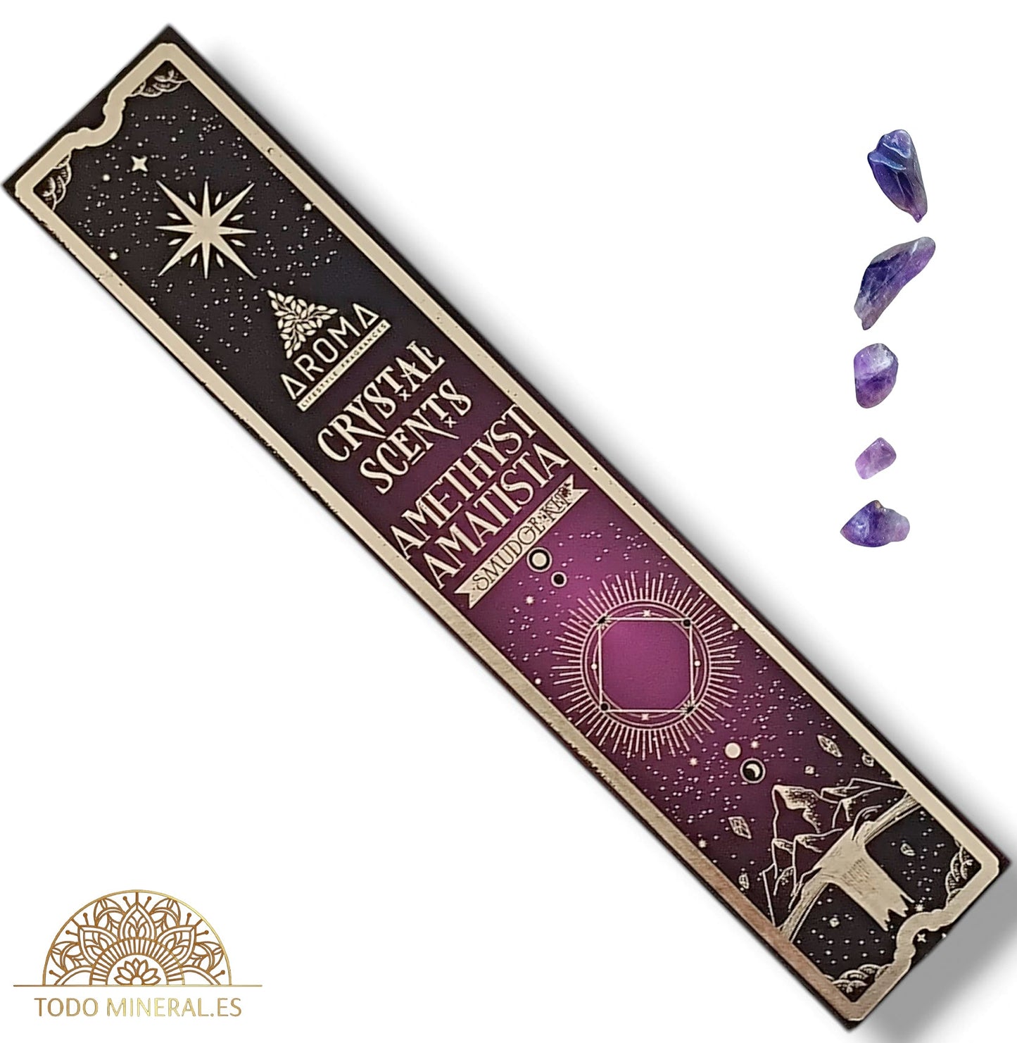 Paquete 20 Gramos De Incienso Marca Aroma Crystal Scents Con Mineral Rodado Pequeño INCIENSOS