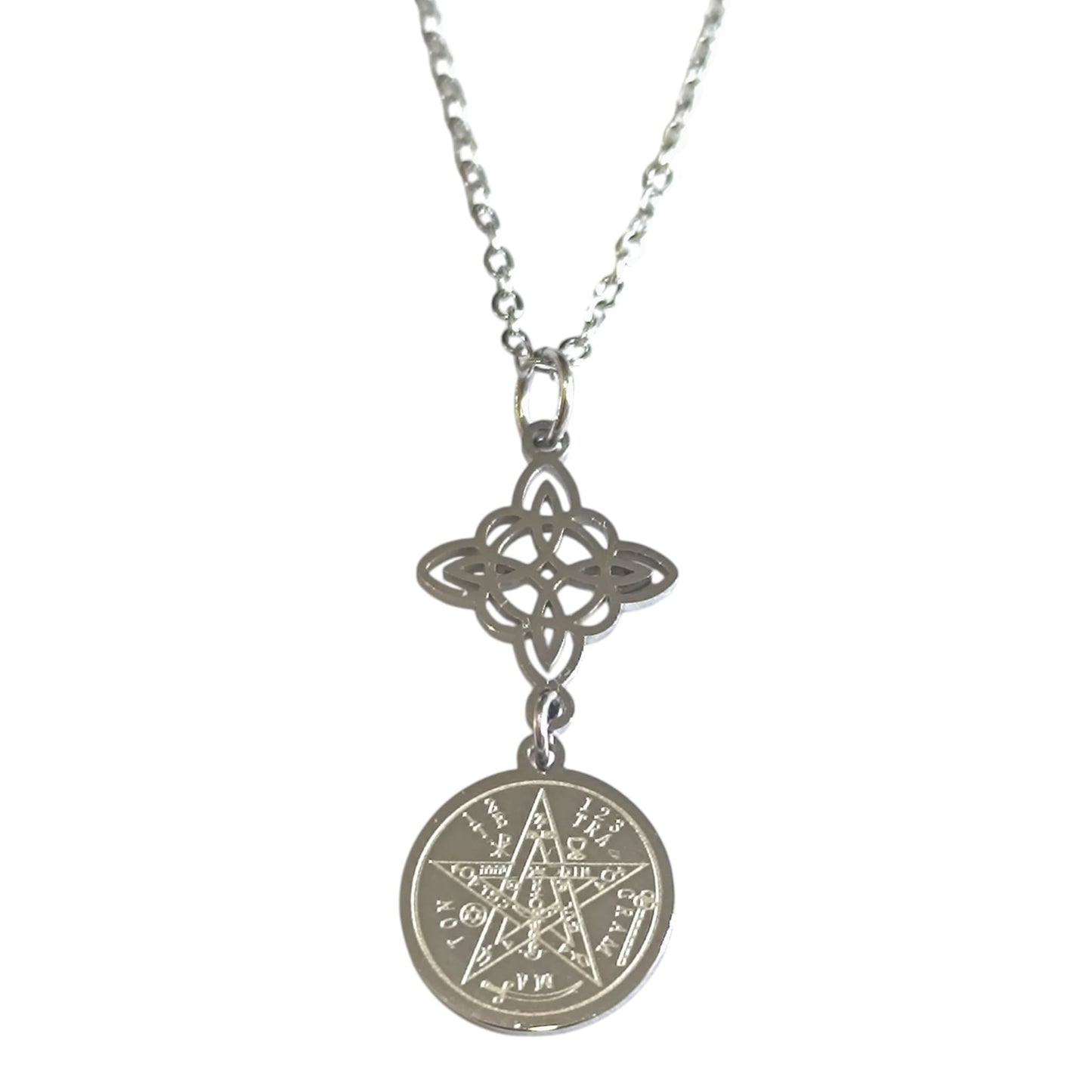 Collar Doble Proteccion Nudo De Bruja Y Tetragramaton Acero Inoxidable Cadena 45 CMS TODOMINERAL