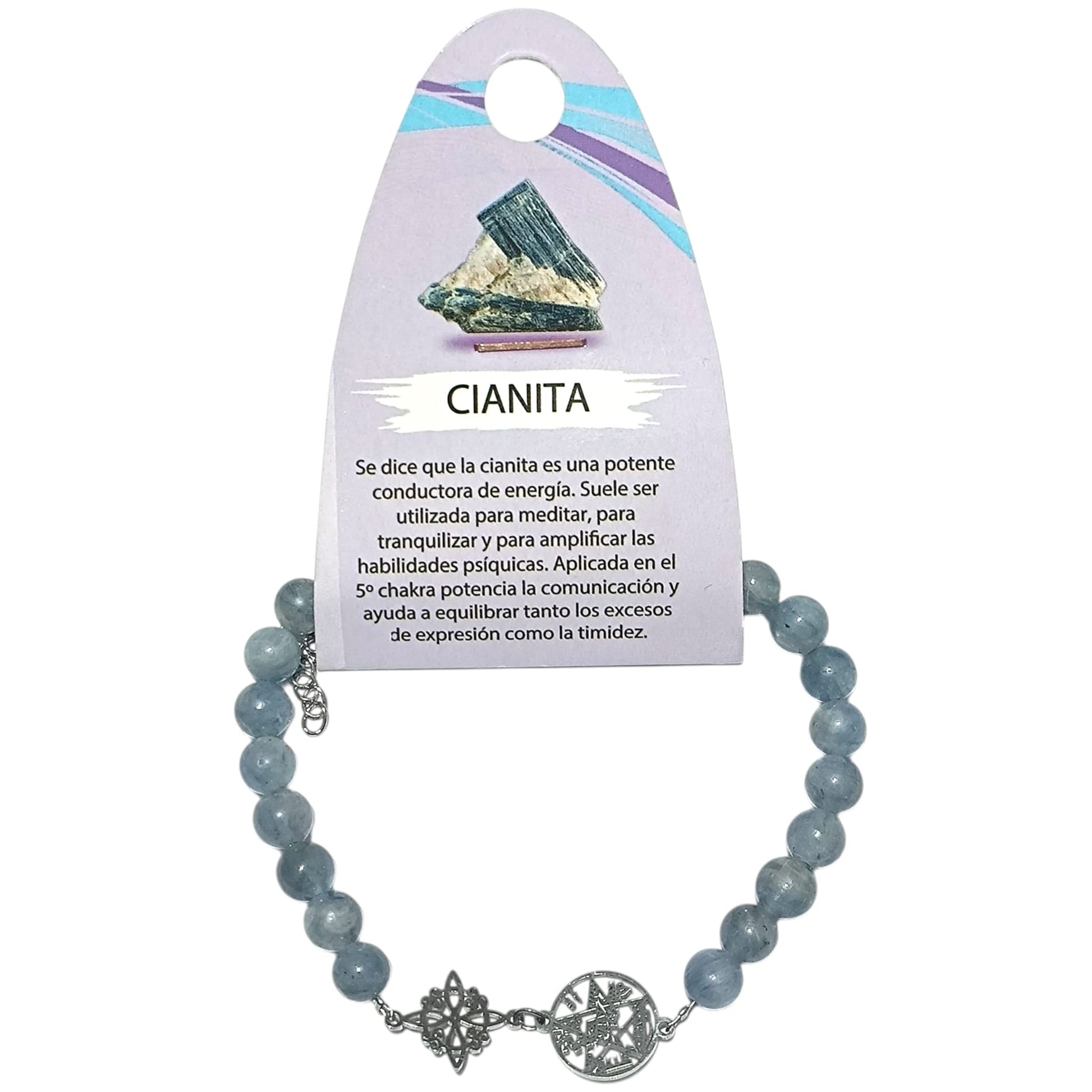 Pulsera de Piedra Natural Cianita Azul con Dijes de Protección (Nudo de Bruja y Tetragrámaton) - Amuleto Espiritual de Alta Calidad. PULSERA ACERO