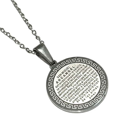 Collar Acero Medalla San Miguel 40 mm Parte Trasera Con Oracion A San Miguel (ELIGE TAMAÑO DE CADENA) - TODOMINERAL