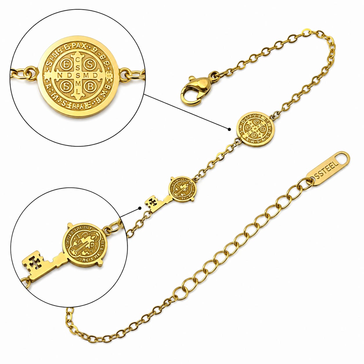 Pulsera Acero Proteccion Y Abrecaminos Dije Medalla San Benibto Y Llave San Benito 18 Cms Aprox (ELIGE COLOR) PULSERA ACERO