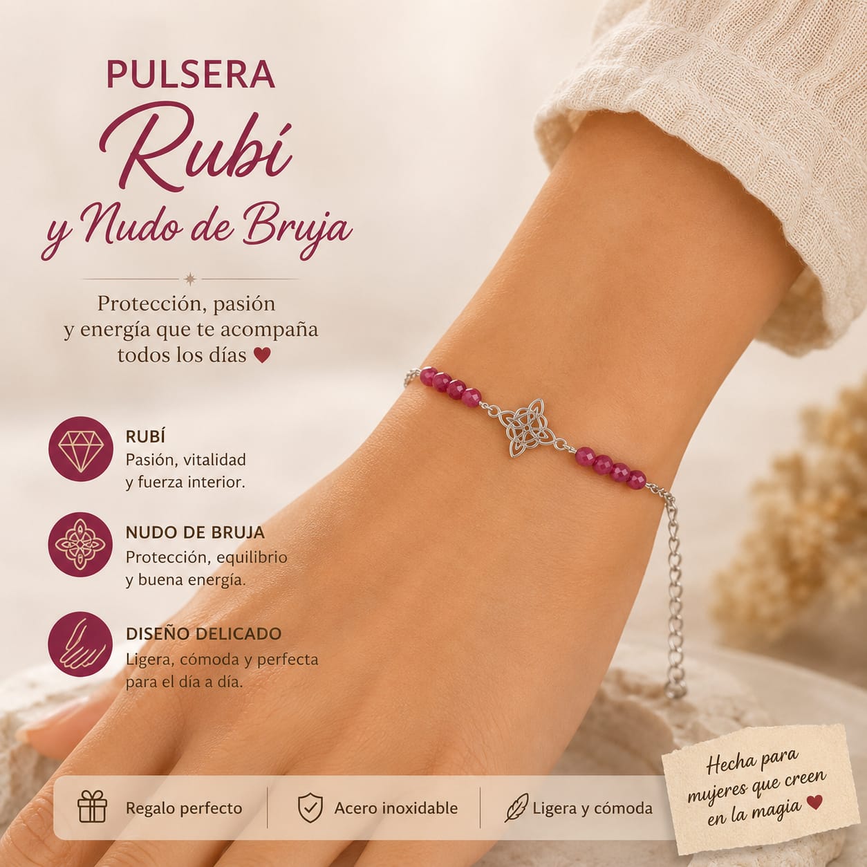 Juego Pulsera + Tobillera Rubí y Nudo de Bruja | Acero Inoxidable Ajustable PULSERA ACERO