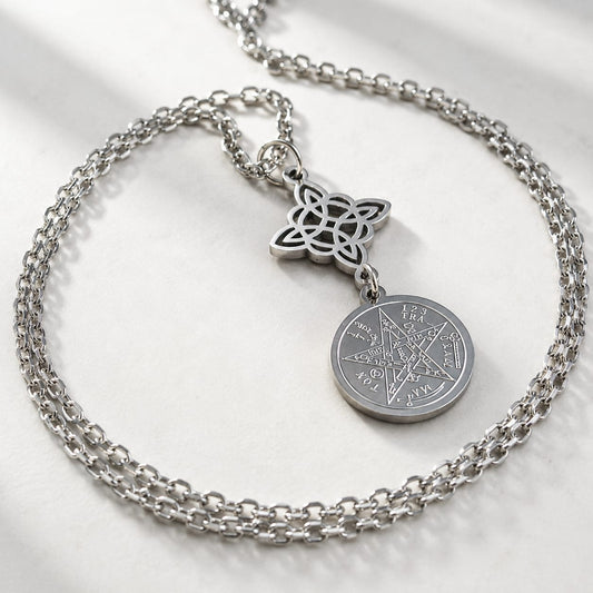 Collar Doble Proteccion Nudo De Bruja Y Tetragramaton Acero Inoxidable Cadena 45 CMS TODOMINERAL
