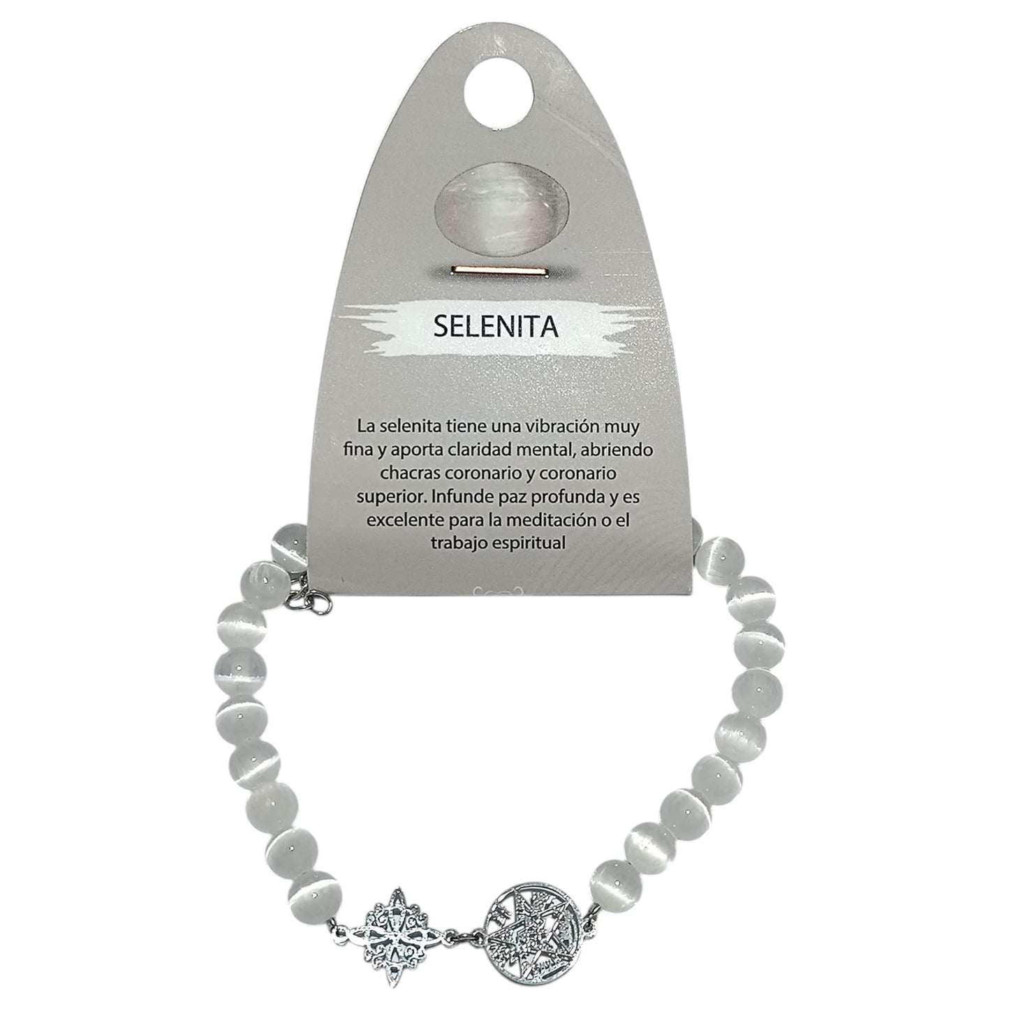 Pulsera de Piedra Natural Selenita con Dijes de (Nudo de Bruja y Tetragrámaton) PULSERA ACERO