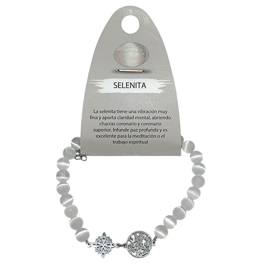 Pulsera de Piedra Natural Selenita con Dijes de (Nudo de Bruja y Tetragrámaton) PULSERA ACERO