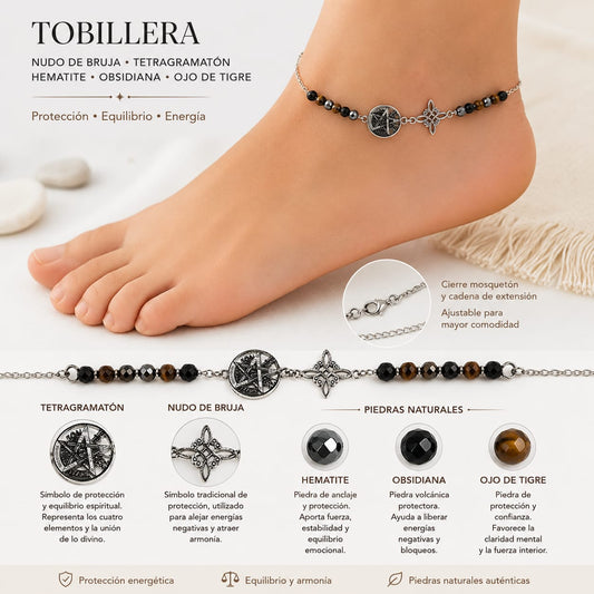 Tobillera Artesanal Acero 5 Proteccion Dije Nudo De Bruja-Tetragramaton Con Piedra Natural Ojo De Tigre Obsidiana Y Hematite TOBILLERAS ACERO
