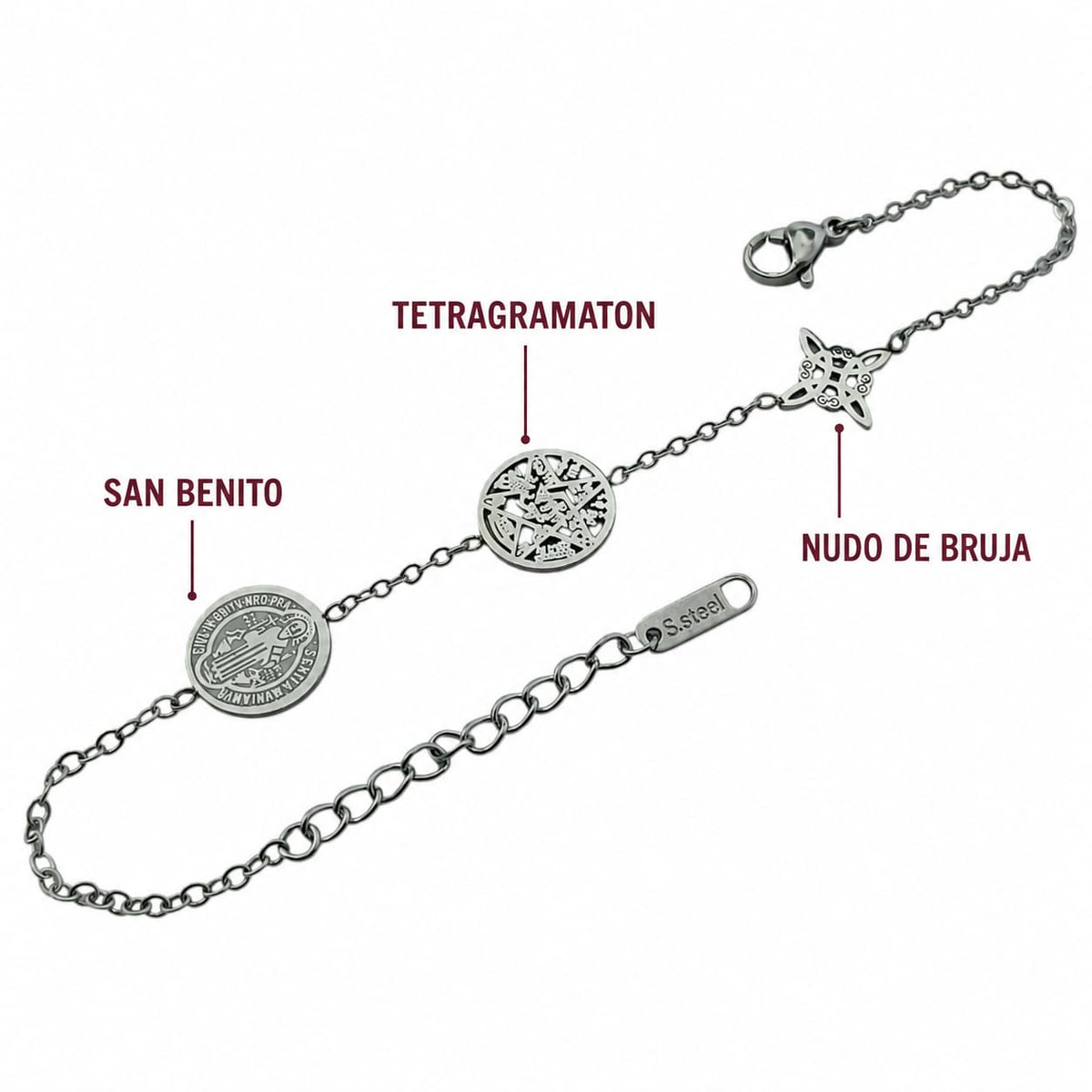 Pulsera Acero Triple Protección Tetragramaton Nudo De Bruja y San Benito Largo 18 Cms Aprox ( ELIGE TONO ) PULSERA ACERO