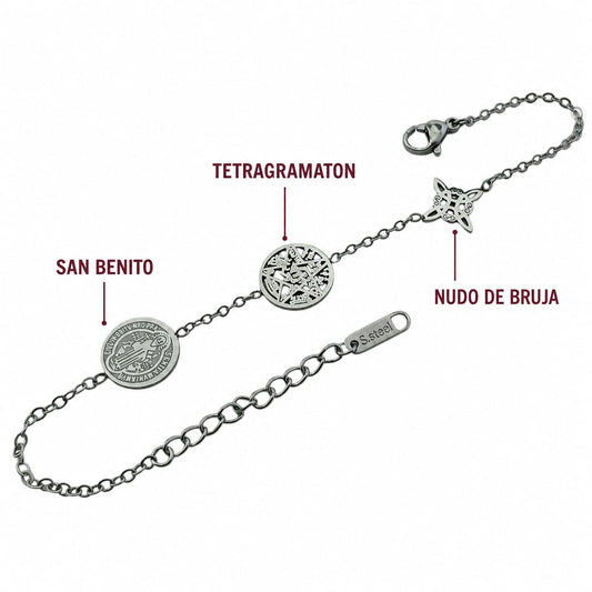 Pulsera Acero Triple Protección Tetragramaton Nudo De Bruja y San Benito Largo 18 Cms Aprox ( ELIGE TONO ) PULSERA ACERO