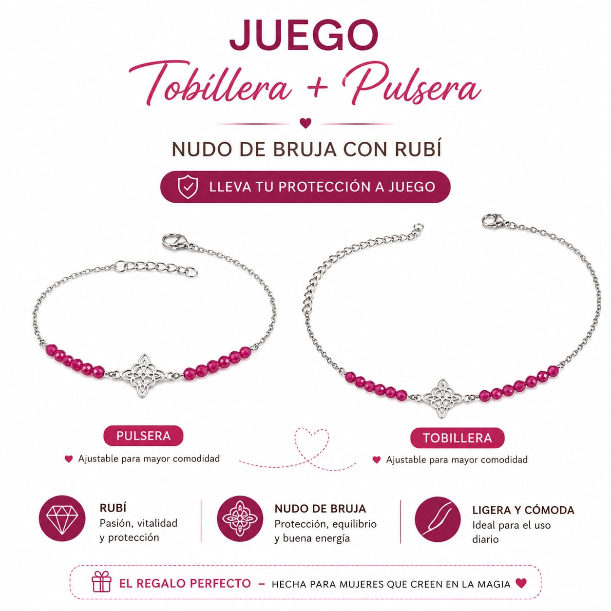 Juego Pulsera + Tobillera Rubí y Nudo de Bruja | Acero Inoxidable Ajustable PULSERA ACERO