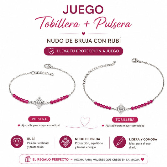 Juego Pulsera + Tobillera Rubí y Nudo de Bruja | Acero Inoxidable Ajustable PULSERA ACERO