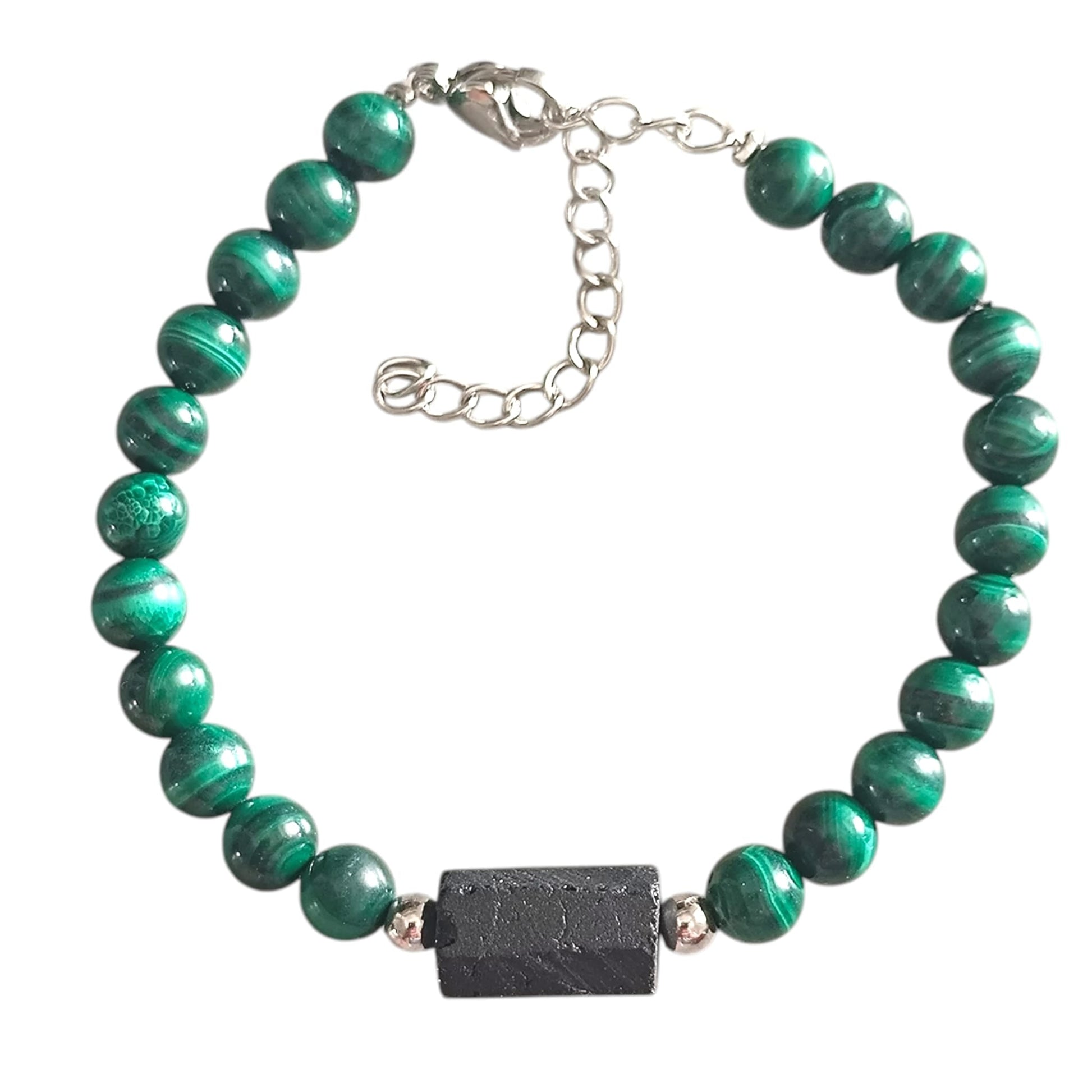 Pulsera Ajustable Piedra Natural Malaquita Con Entrepieza Piedra Turmalina Fabricada En Hilo De Acero PULSERA ACERO