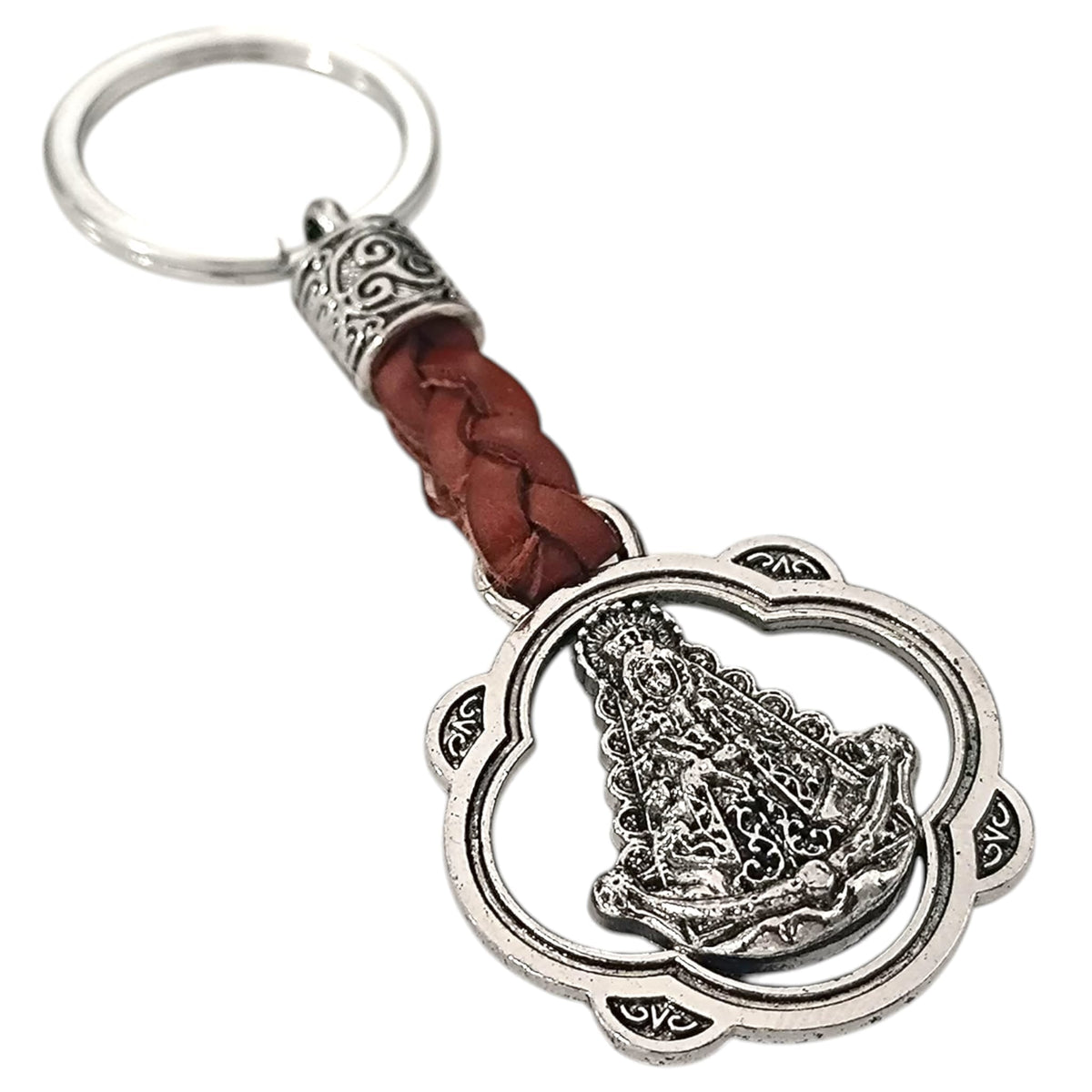 Llavero Metálico Virgen del Rocío con Cuero Trenzado – Protección y Devoción. TODOMINERAL