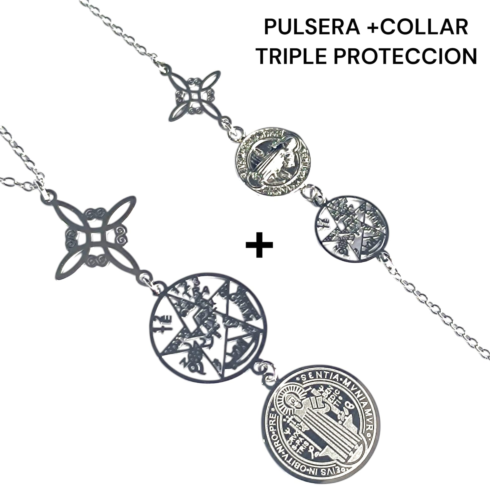 Collar Triple Protección Nudo De Bruja Tetragramaton Y San Benito En Acero ELIGE TAMAÑO CADENA Y COLOR TODOMINERAL