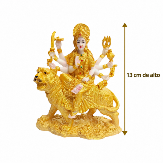 Figura Diosa Durga sobre León de Resina Dorada – 13 cm – Decoración Hindú y Espiritual TODOMINERAL