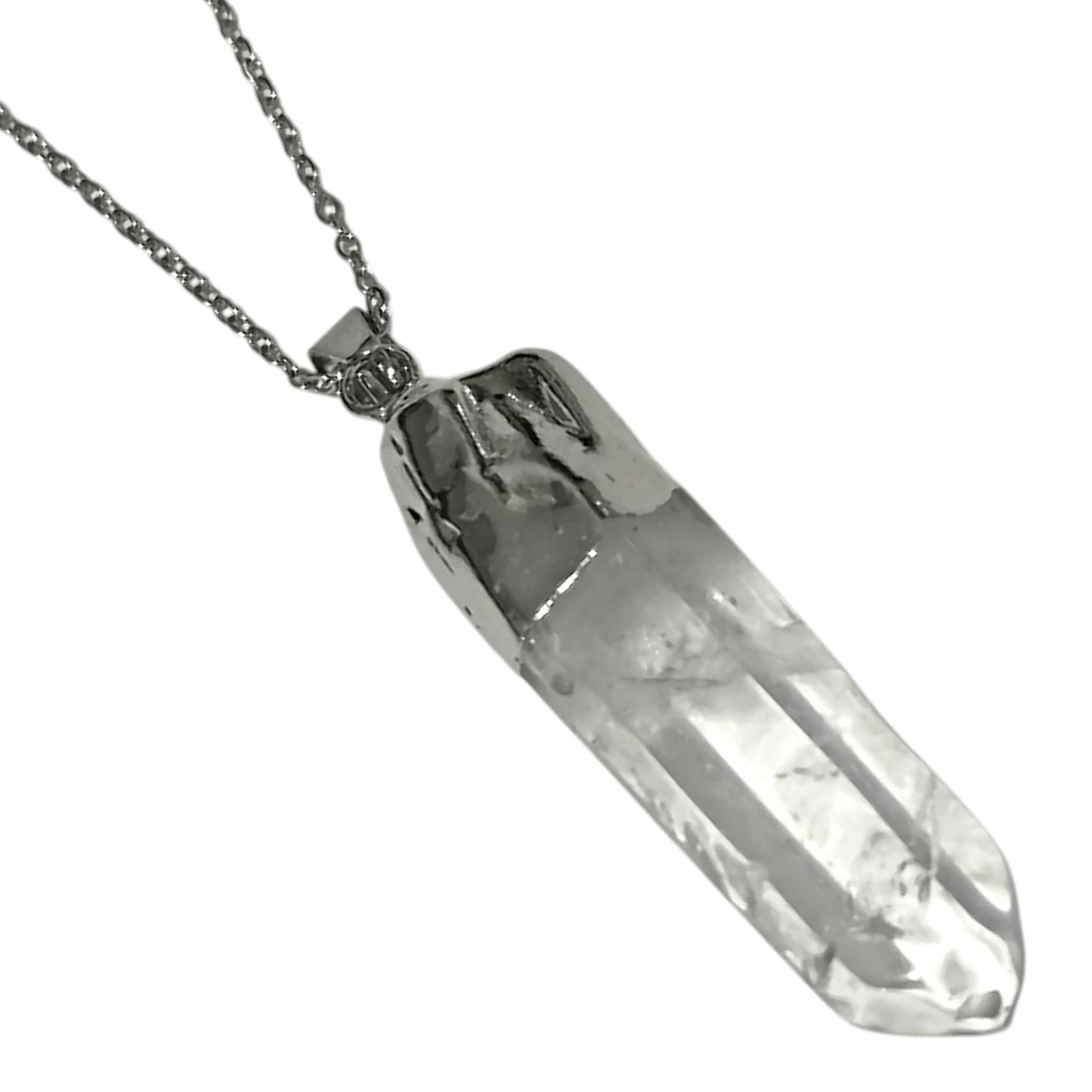 Colgante Mineral Cuarzo Blanco 3 a 4 Cms Maestro Sanador En Bruto engarzado Con Baño Metal Cadena Acero ELIGE TAMAÑO CADENA - TODOMINERAL