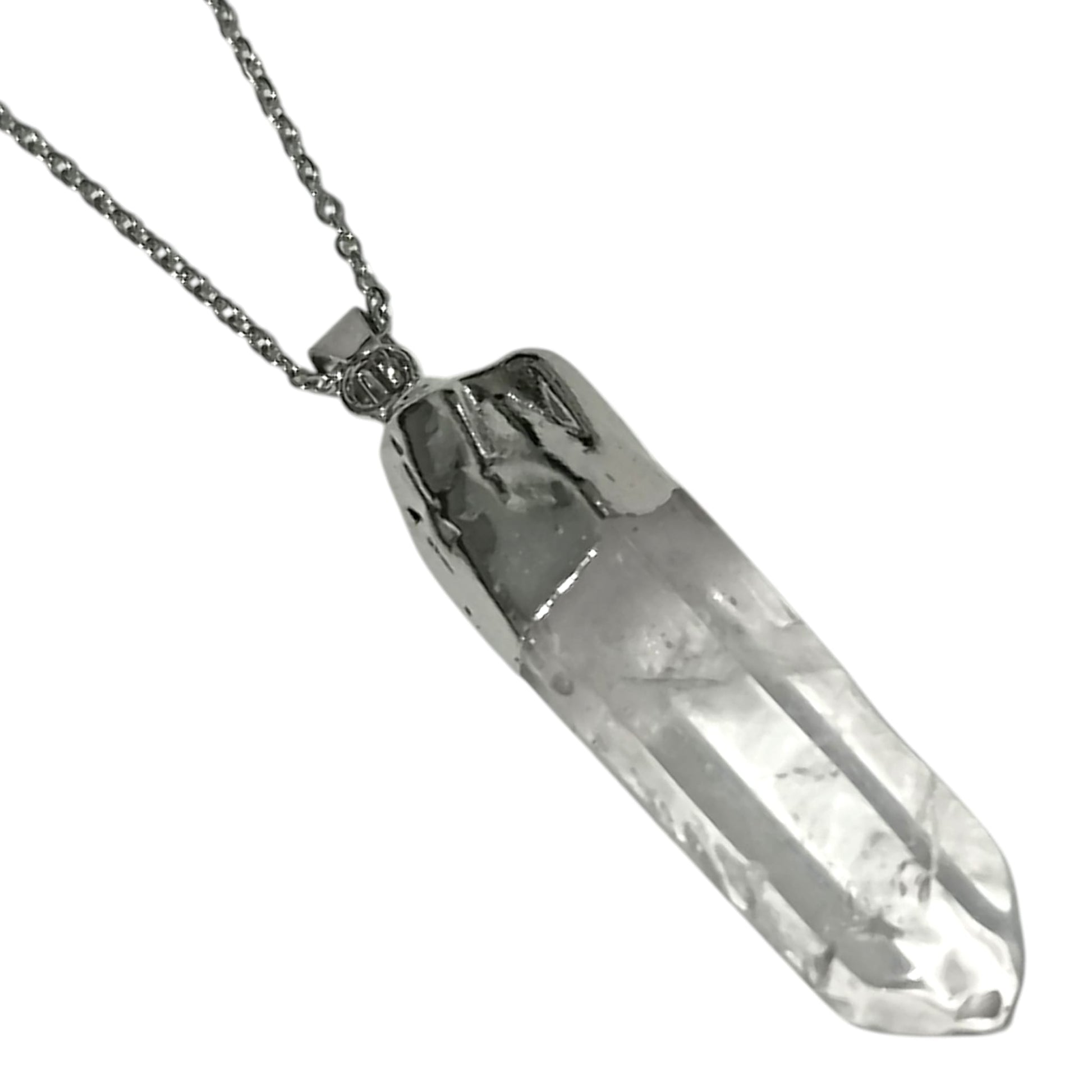 Colgante Mineral Cuarzo Blanco 3 a 4 Cms Maestro Sanador En Bruto engarzado Con Baño Metal Cadena Acero ELIGE TAMAÑO CADENA - TODOMINERAL