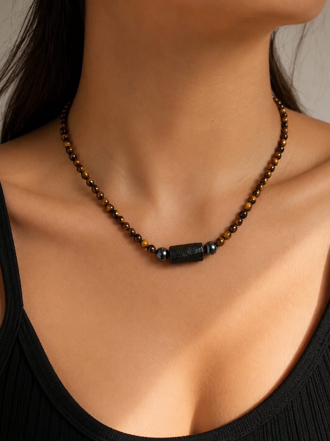 Collar Piedra Natural Combinado OjoTigre 4 mm Hematite 6mm Y Turmalina 45 Cms+ 5 Cadena Extensión Con Cierre Acero TODOMINERAL