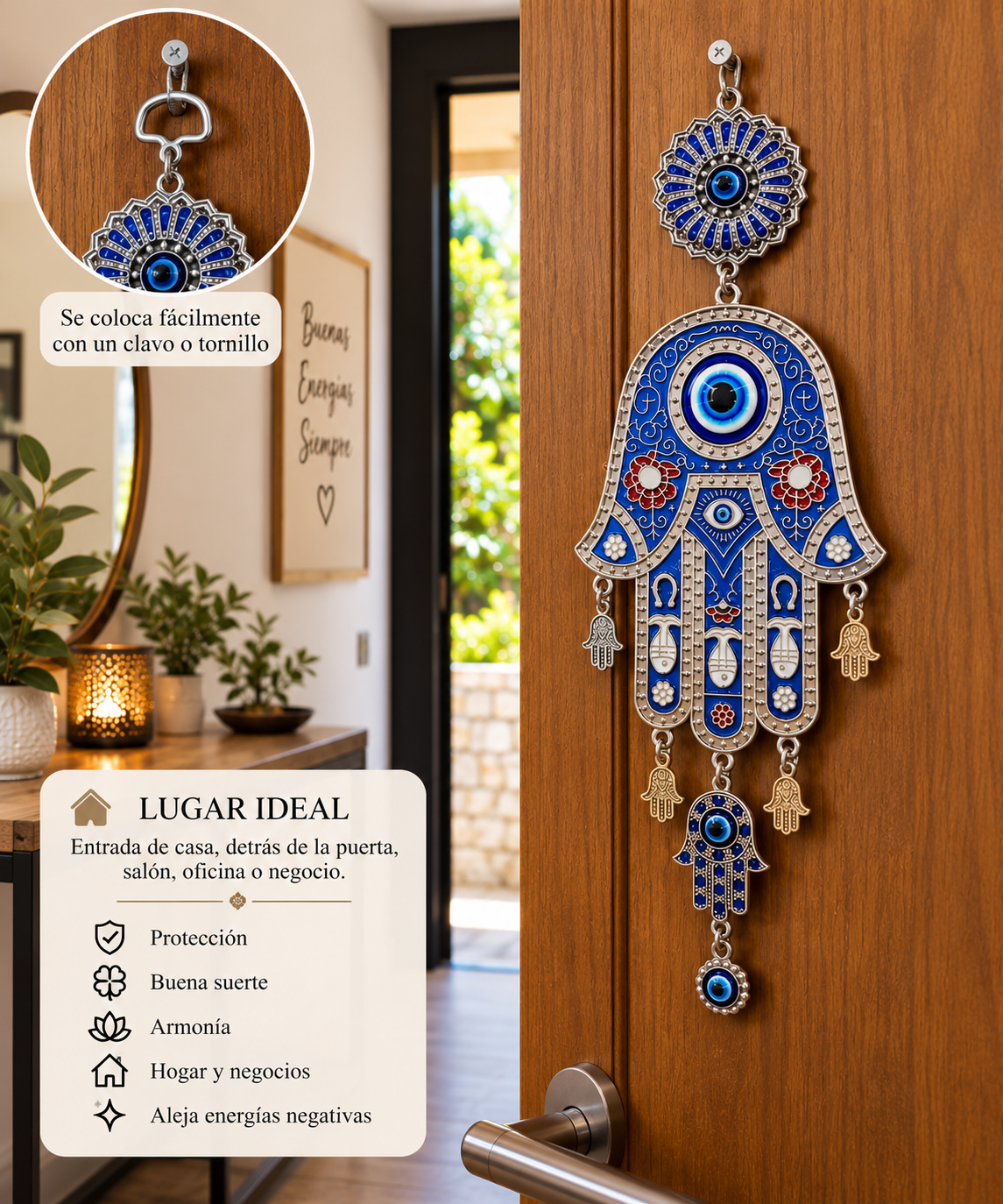 Colgante Mano de Fátima Hamsa con Ojo Turco – Protección y Buena Suerte 27 × 9 cm TODOMINERAL