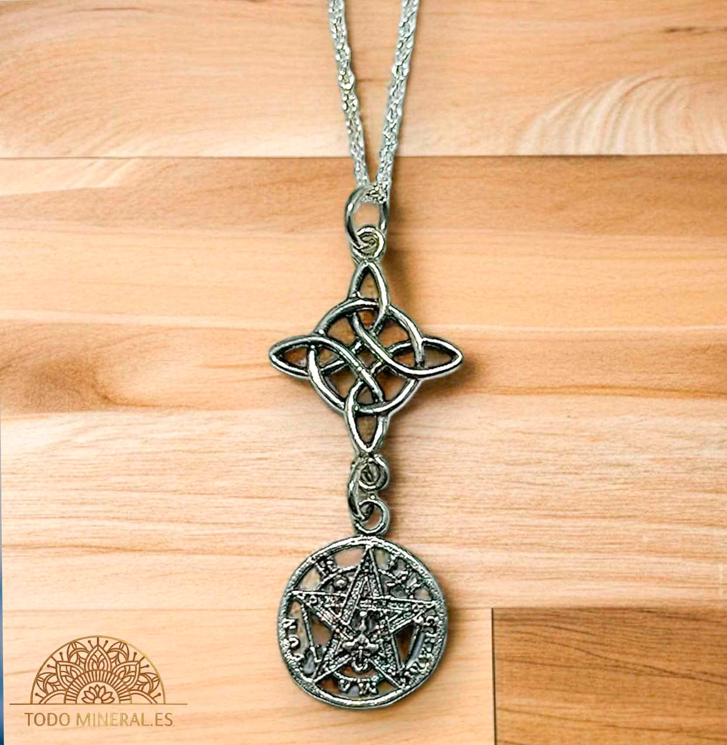 Collar Doble Protección Nudo De Bruja Y Tetragramaton Con Cadena 40 Cms Plata 925 TODOMINERAL