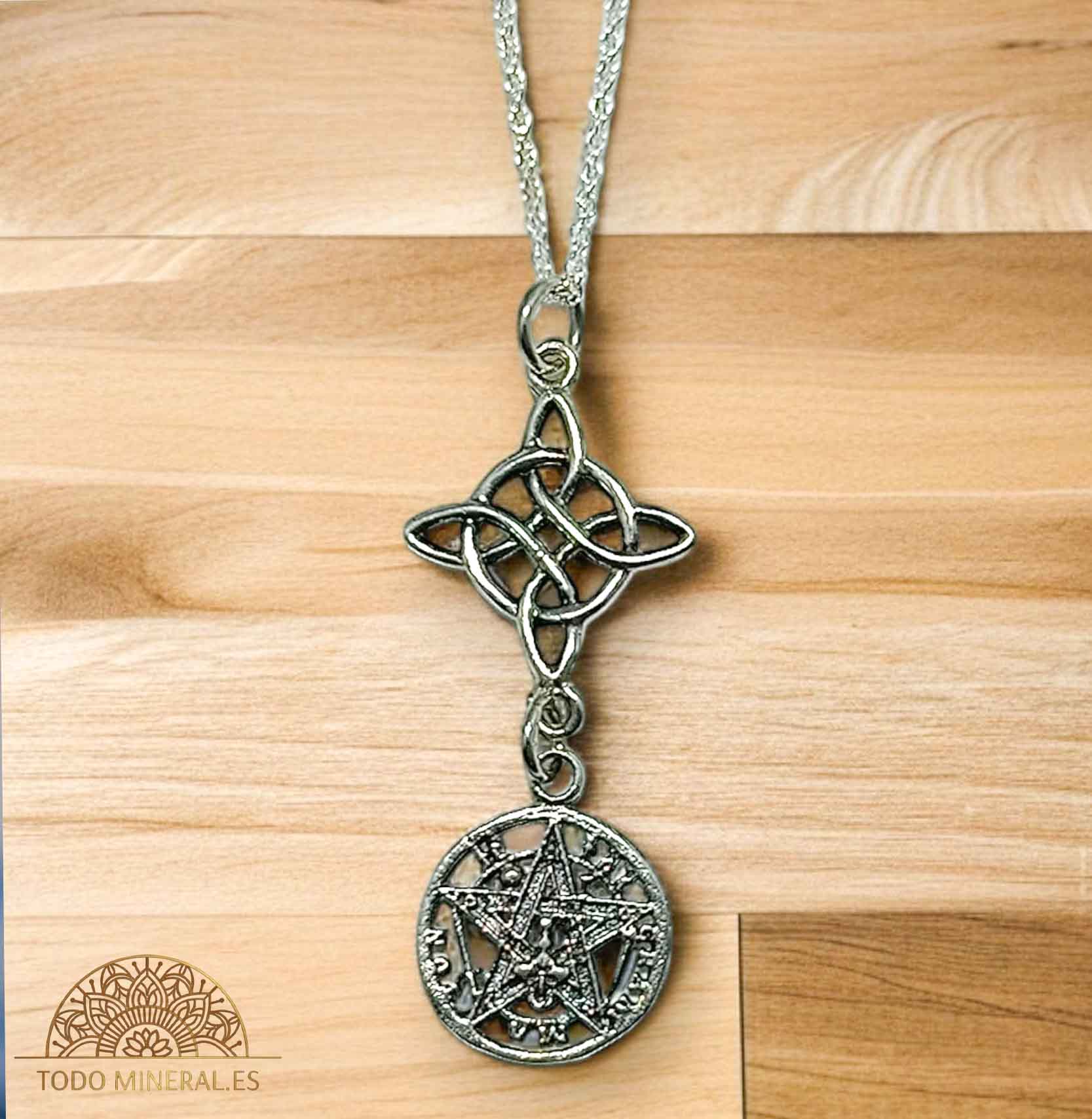 Collar Doble Protección Nudo De Bruja Y Tetragramaton Con Cadena 40 Cms Plata 925 TODOMINERAL