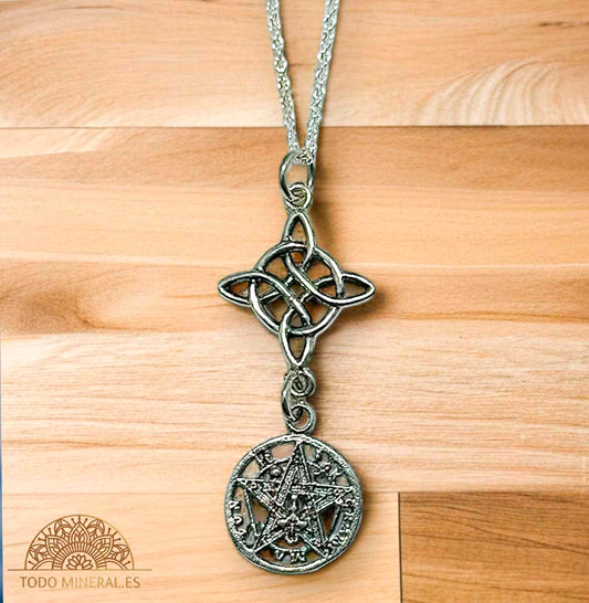 Collar Doble Protección Nudo De Bruja Y Tetragramaton Con Cadena 40 Cms Plata 925 TODOMINERAL