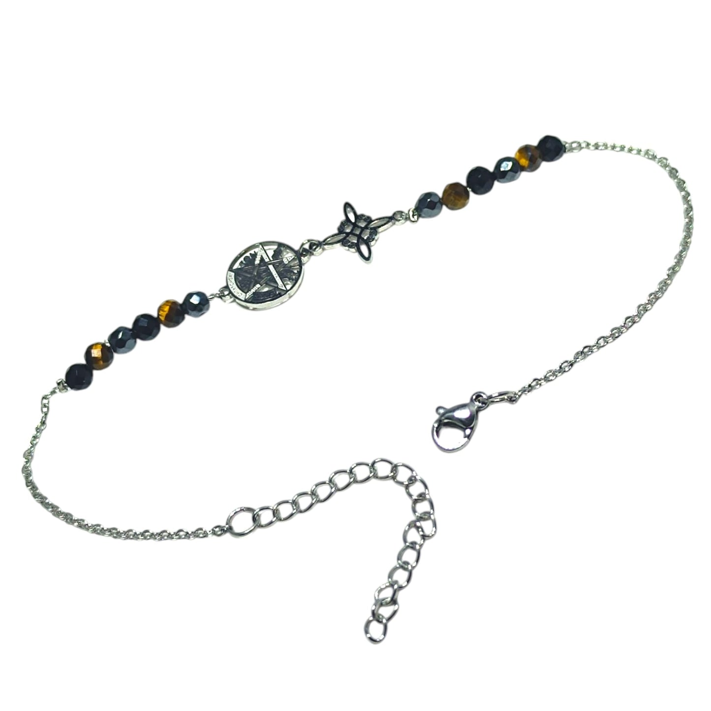 Tobillera Artesanal Acero 5 Proteccion Dije Nudo De Bruja-Tetragramaton Con Piedra Natural Ojo De Tigre Obsidiana Y Hematite TOBILLERAS ACERO
