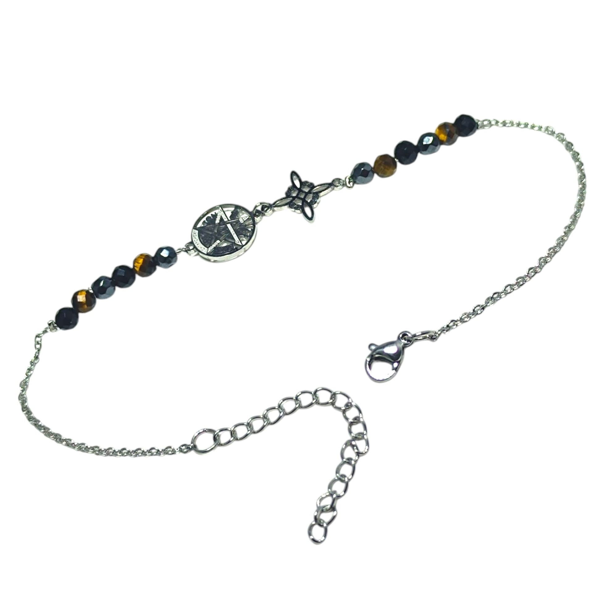 Tobillera Artesanal Acero 5 Proteccion Dije Nudo De Bruja-Tetragramaton Con Piedra Natural Ojo De Tigre Obsidiana Y Hematite TOBILLERAS ACERO