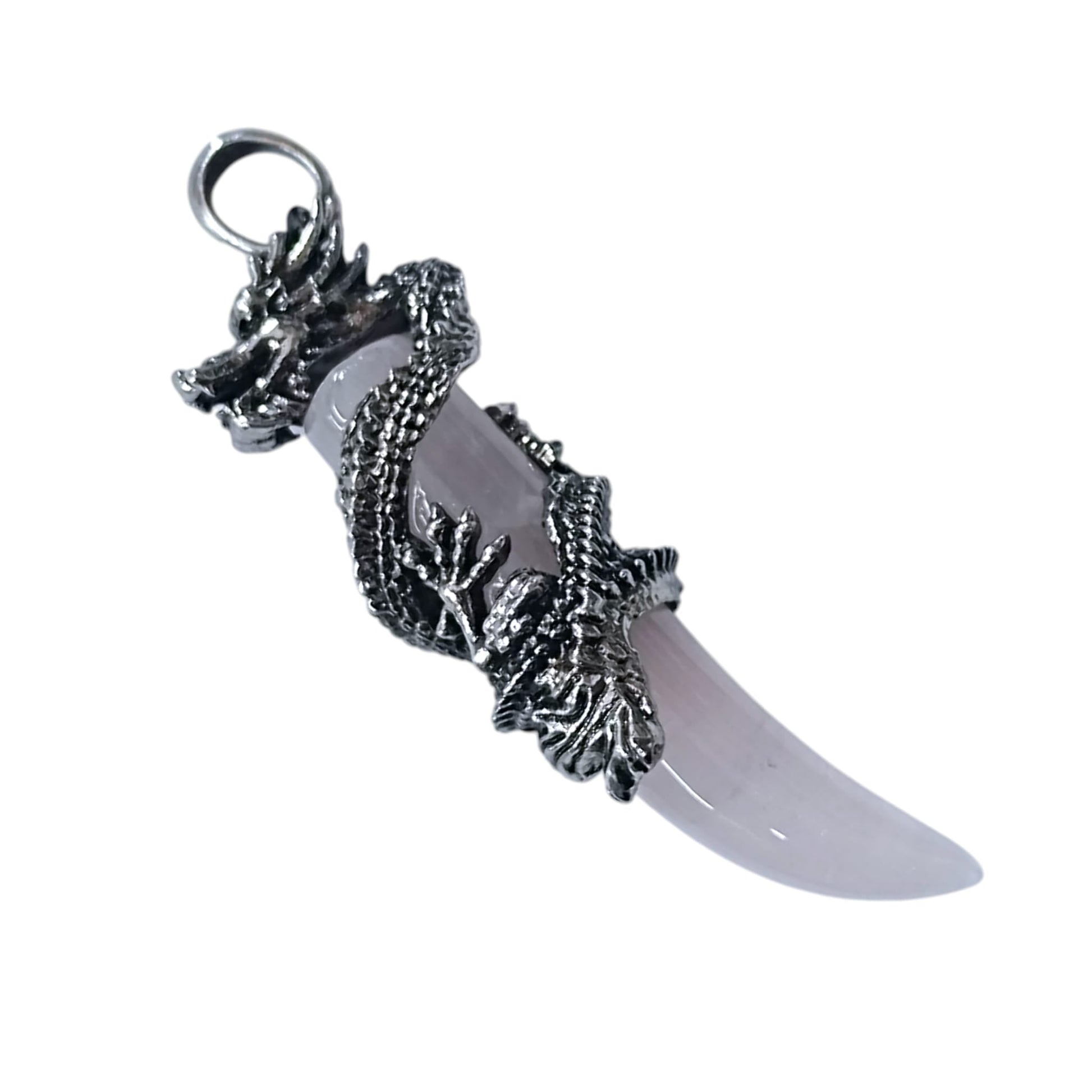 Colgante Metal Dragon Con Mineral EnForma De Colmillo A Elegir Incluye Cadena Acero Finita TODOMINERAL