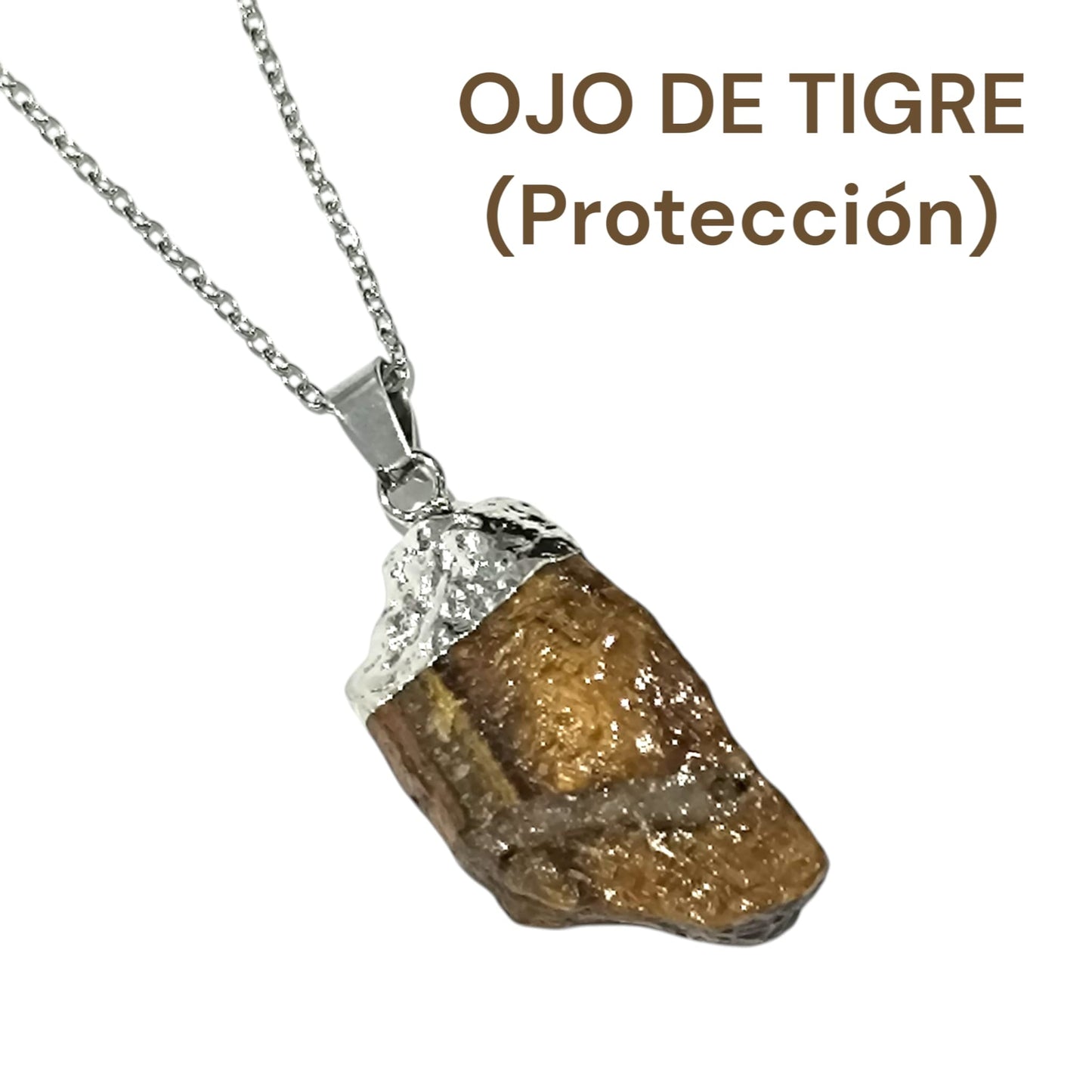 Colgante Mineral Ojo De Tigre En Bruto engarzado Con Baño Metal Para Proteccion Cadena Acero ELIGE TAMAÑO CADENA TODOMINERAL