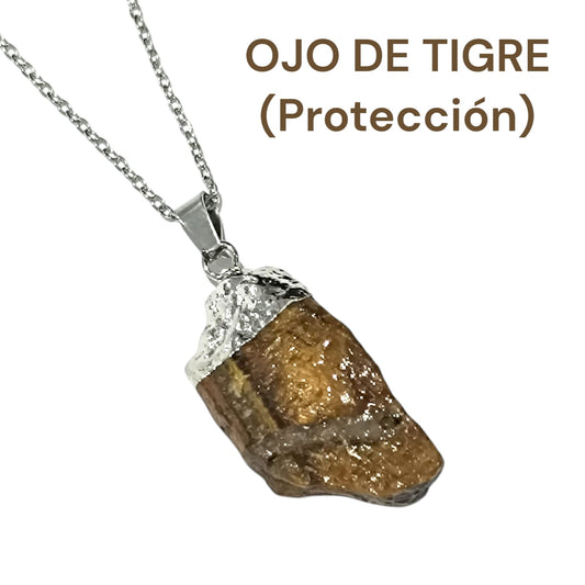 Colgante Mineral Ojo De Tigre En Bruto engarzado Con Baño Metal Para Proteccion Cadena Acero ELIGE TAMAÑO CADENA TODOMINERAL