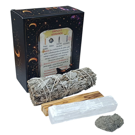 Kit Ritual Pirita y Selenita – Salvia Blanca y Palo Santo | Limpieza y Abundancia TODOMINERAL