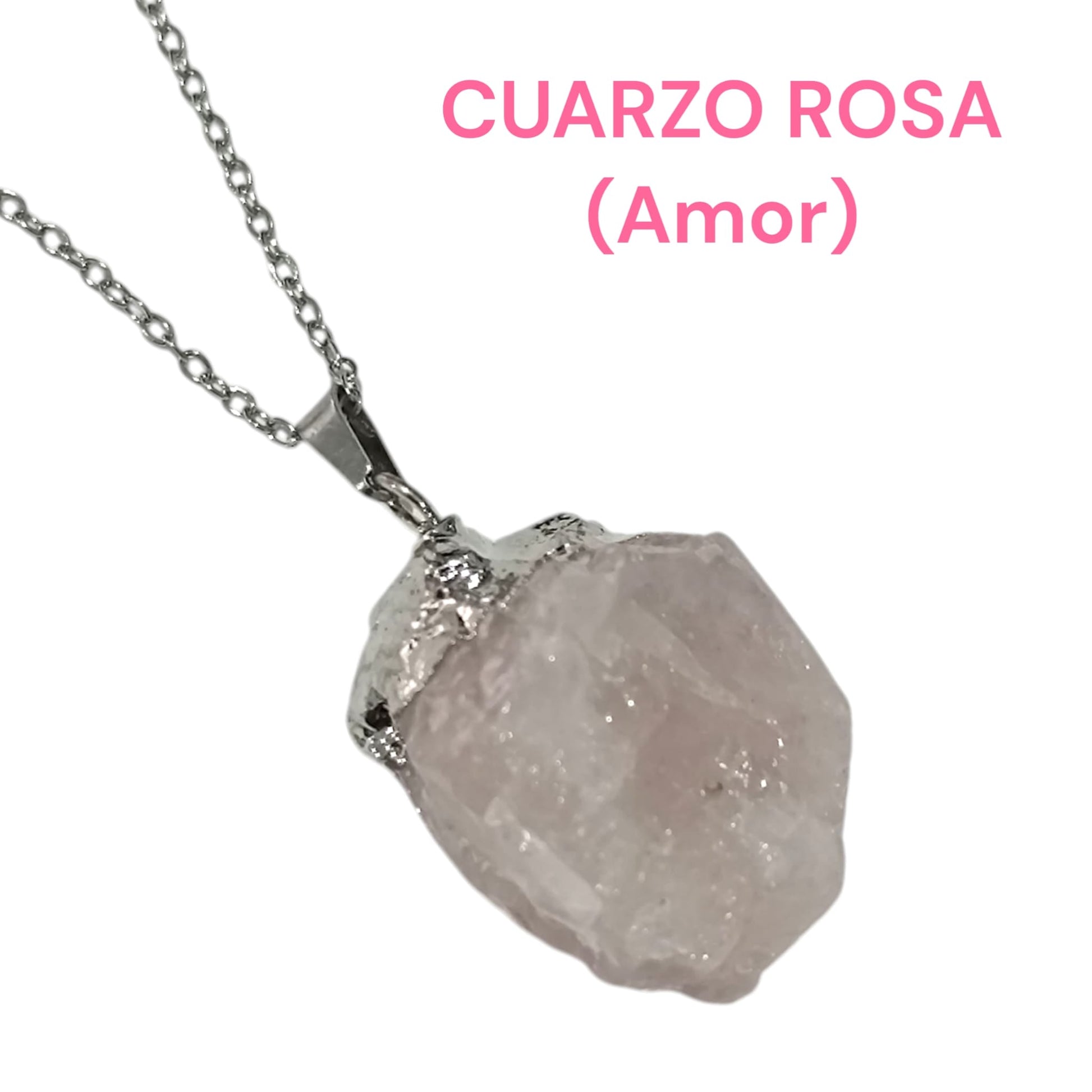 Colgante Mineral Cuarzo Rosa En Bruto engarzado Con Baño Metal Para Amor Cadena Acero ELIGE TAMAÑO CADENA TODOMINERAL