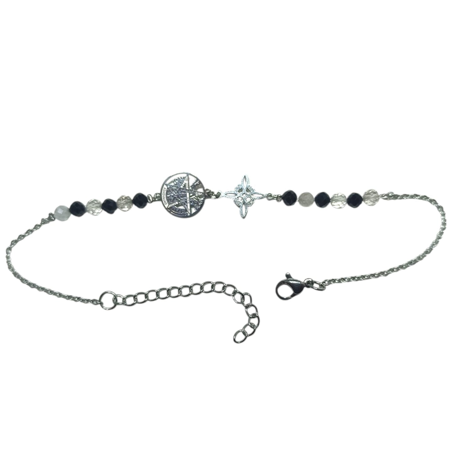 Tobillera Artesanal Acero Turmalina-Cuarzo Blanco Y Dijes Nudo De Bruja-Tetragramaton TOBILLERAS ACERO