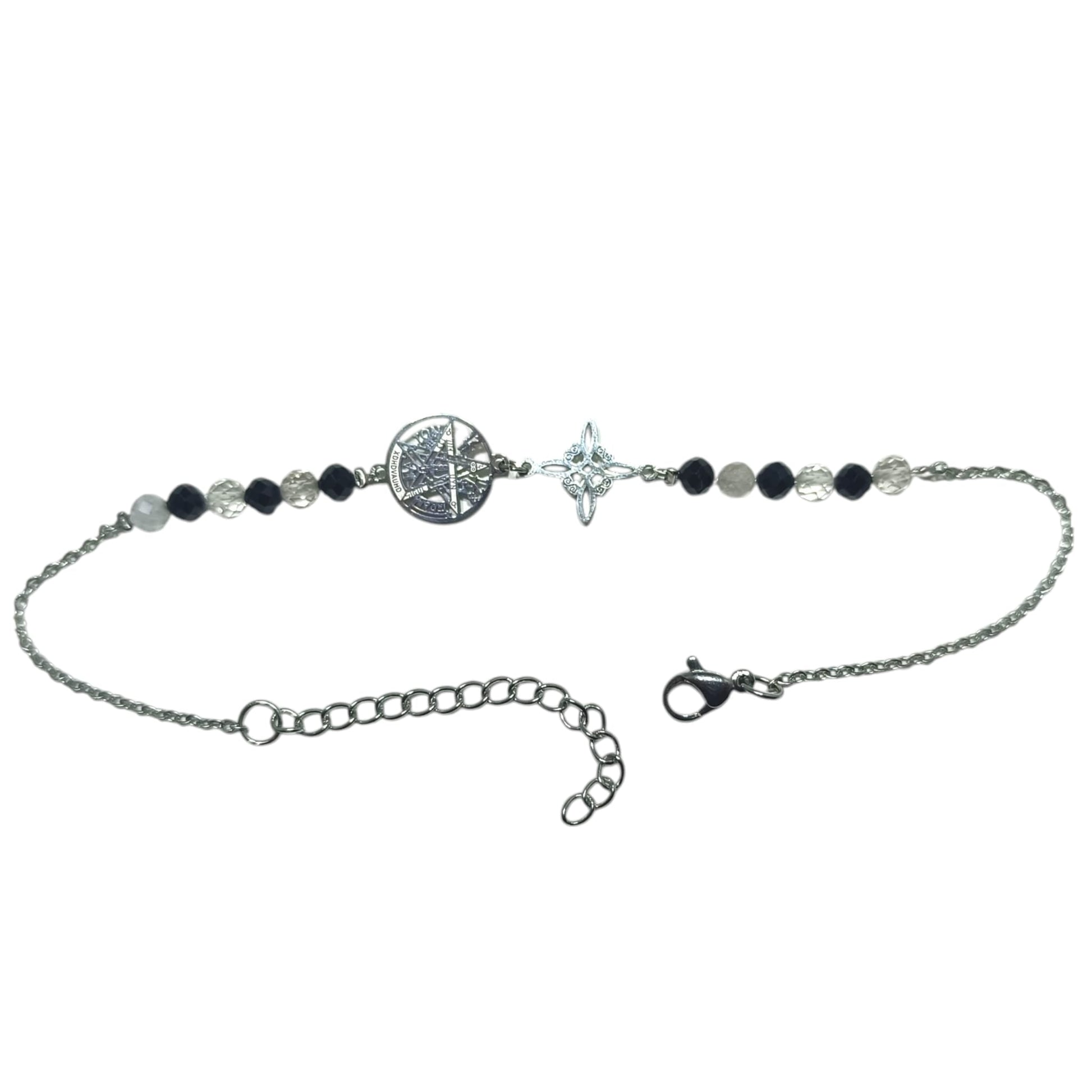 Tobillera Artesanal Acero Turmalina-Cuarzo Blanco Y Dijes Nudo De Bruja-Tetragramaton TOBILLERAS ACERO