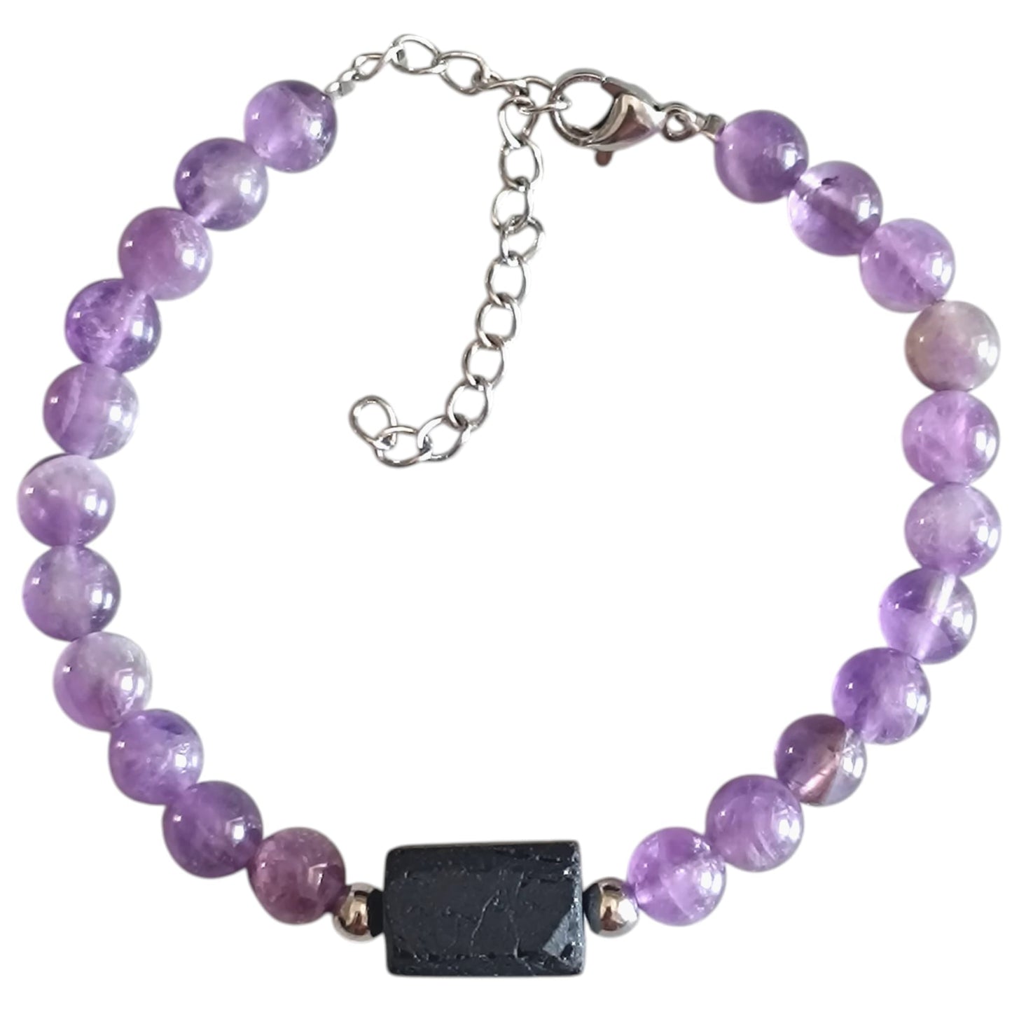 Pulsera de Piedra Natural Amatista Con Entrepieza Piedra Turmalina Proteccion y Calma PULSERA ACERO