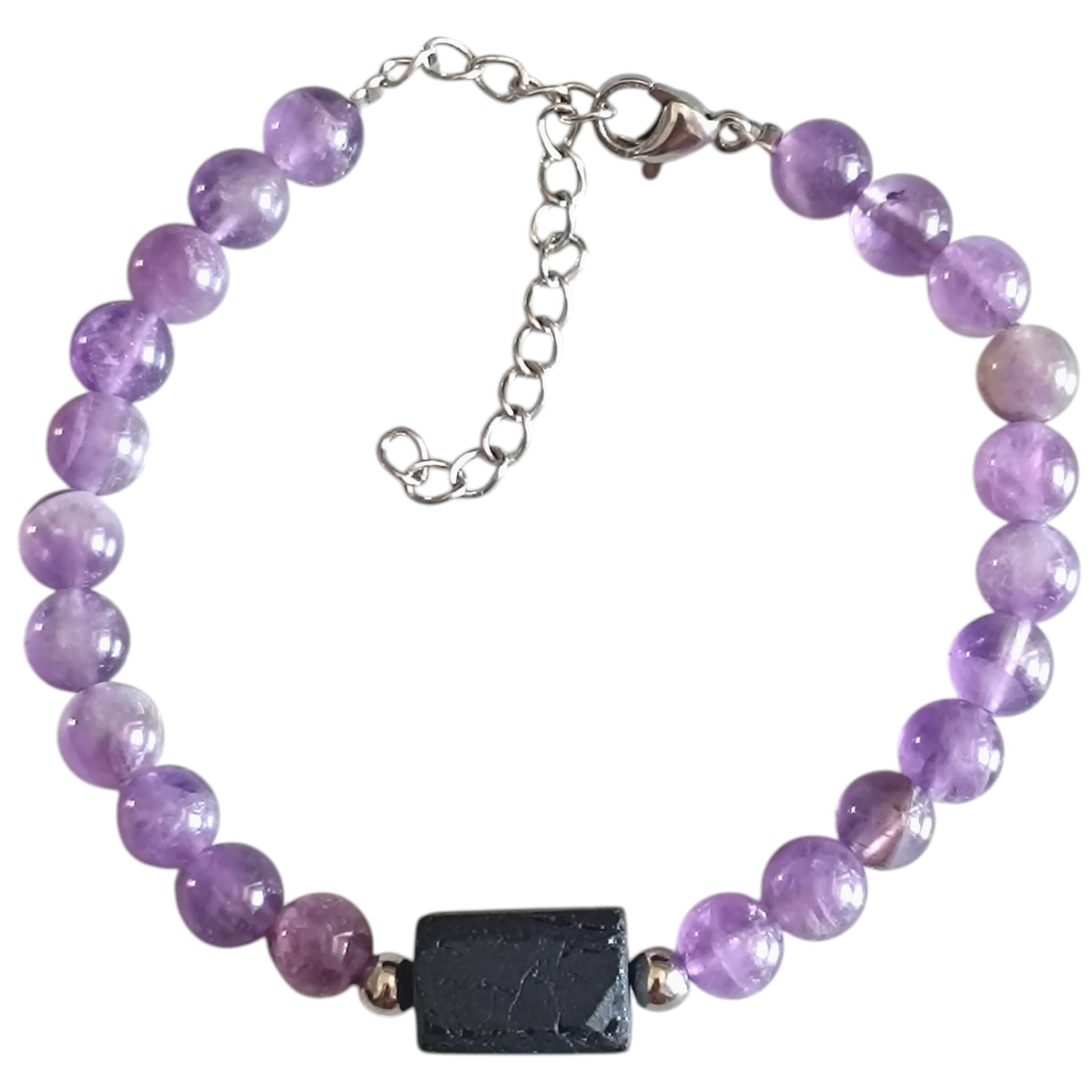 Pulsera de Piedra Natural Amatista Con Entrepieza Piedra Turmalina Proteccion y Calma PULSERA ACERO