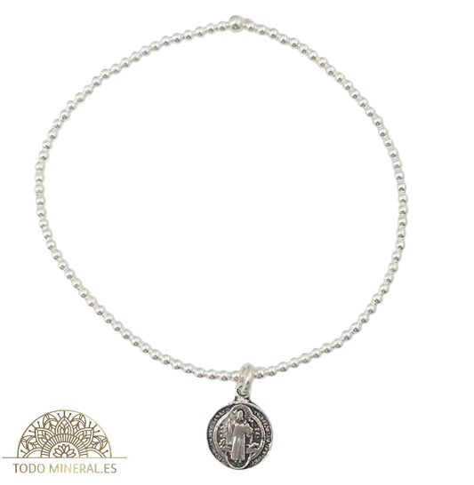 Pulsera Elástica Bolas 2 mm Plata 925 Dije San Benito  500303154 TODOMINERAL