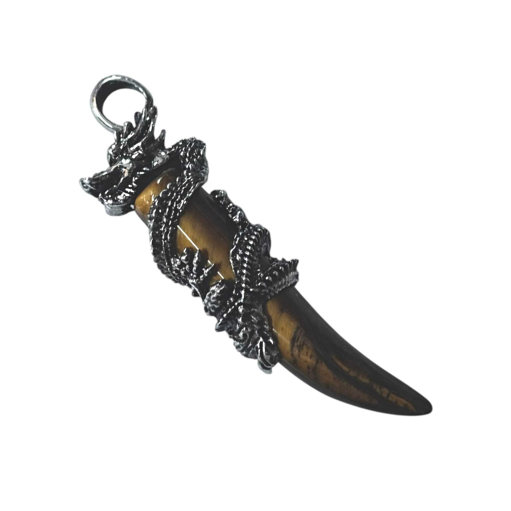 Colgante Metal Dragon Con Mineral EnForma De Colmillo A Elegir Incluye Cadena Acero Finita TODOMINERAL