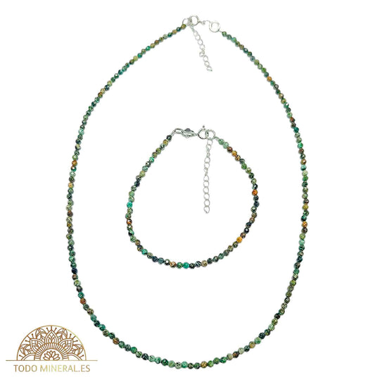 Juego Pulsera Y collar Piedra Natural Turquesa Africana Facetada 4 mm Cierre N Plata 925 Largo 45 CMS TODOMINERAL